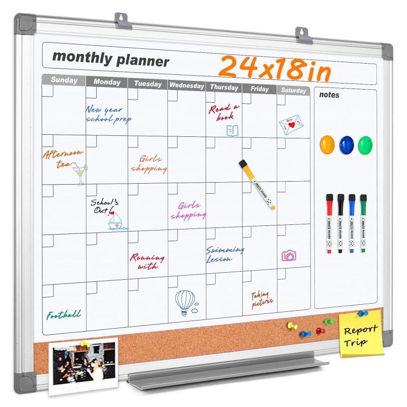 MAKELLO Dry Erase Calendar for Wall 24" x 18", Whiteboard Calendard with Cork Board for Office, Home, School, Family, Kitchen and Bedroom - Image 1